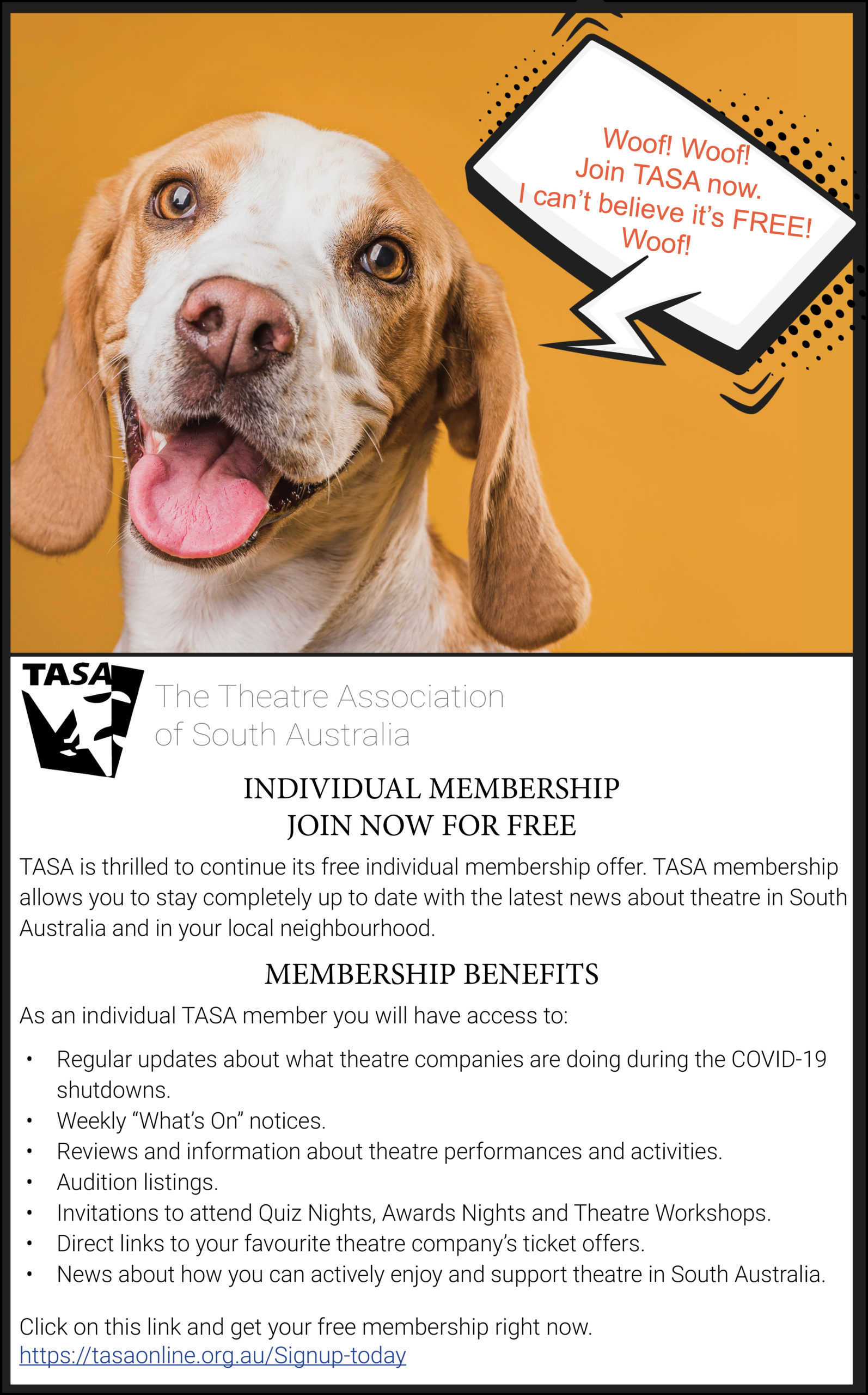 Dog barking/ announcing that TASA membership is now free for individuals